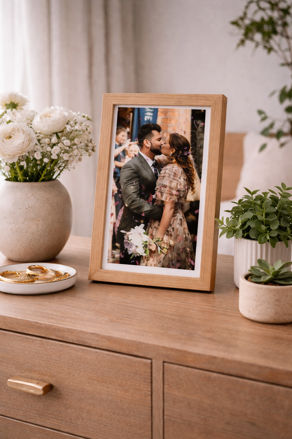 Framey e-ink frame with wedding photo on dresser