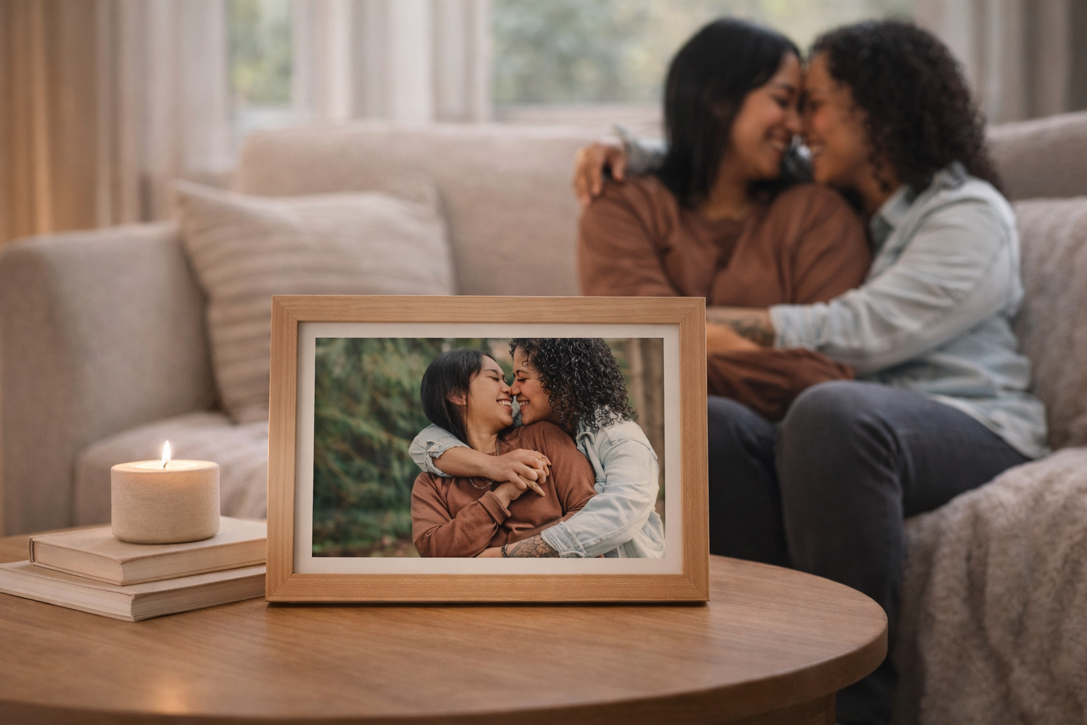 Framey e-ink frame wall mounted with sunset couple