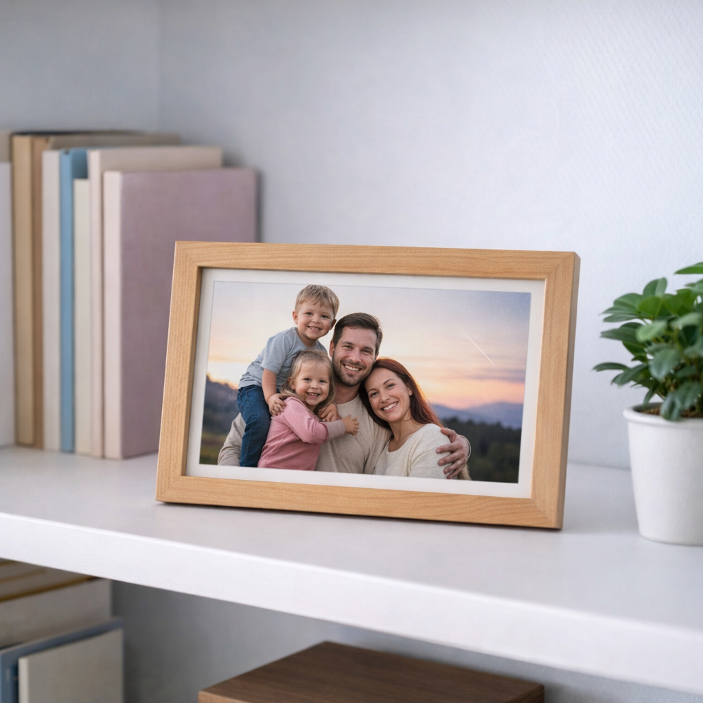 Framey e-ink frame with family photo on shelf