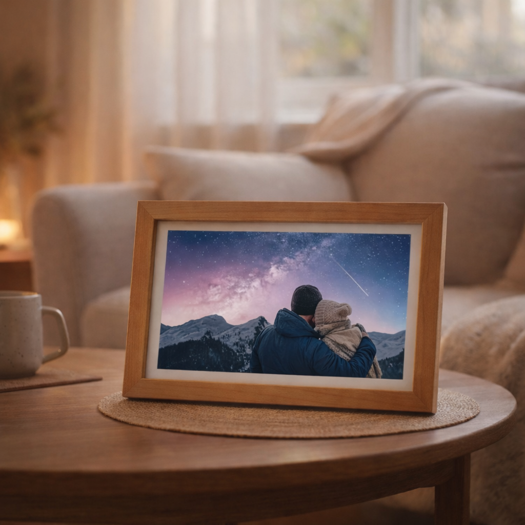 Framey e-ink frame with stargazing couple in living room
